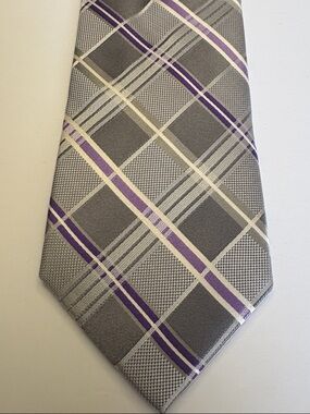 Michael Kors Gray Plaid Silk Tie with Purple and White Stripe Accent